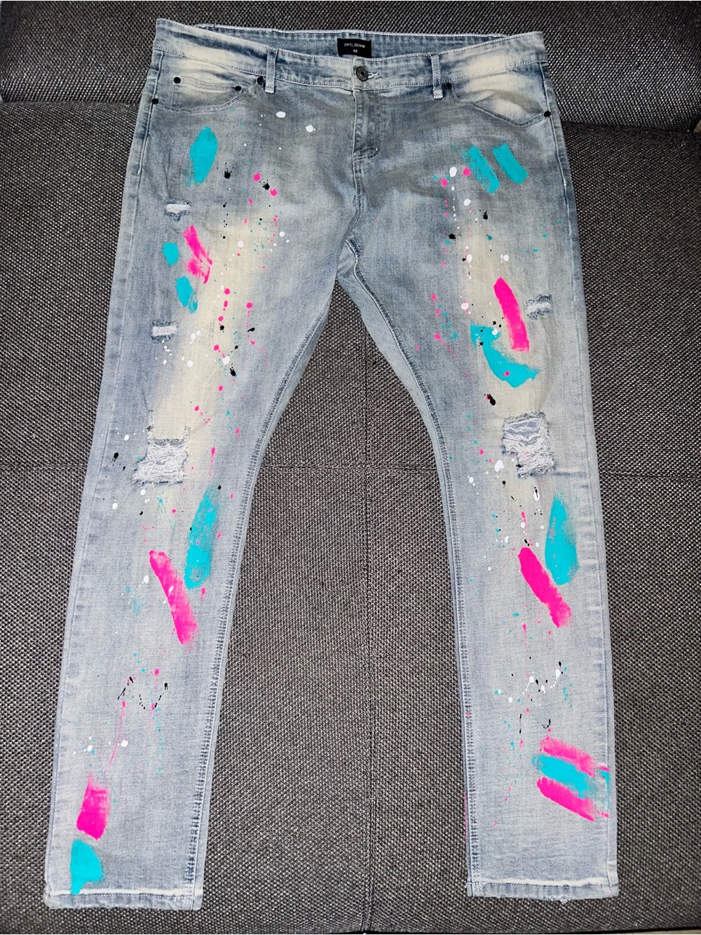CPTL Light Wash Painted Distressed Skinny Jeans - Pink & Teal Paint Splatter